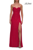Picture of: Strapless Fitted Rhinestone Gown with Slit and Lace-Up Back in Red, Style: 33383, Detail Picture 11