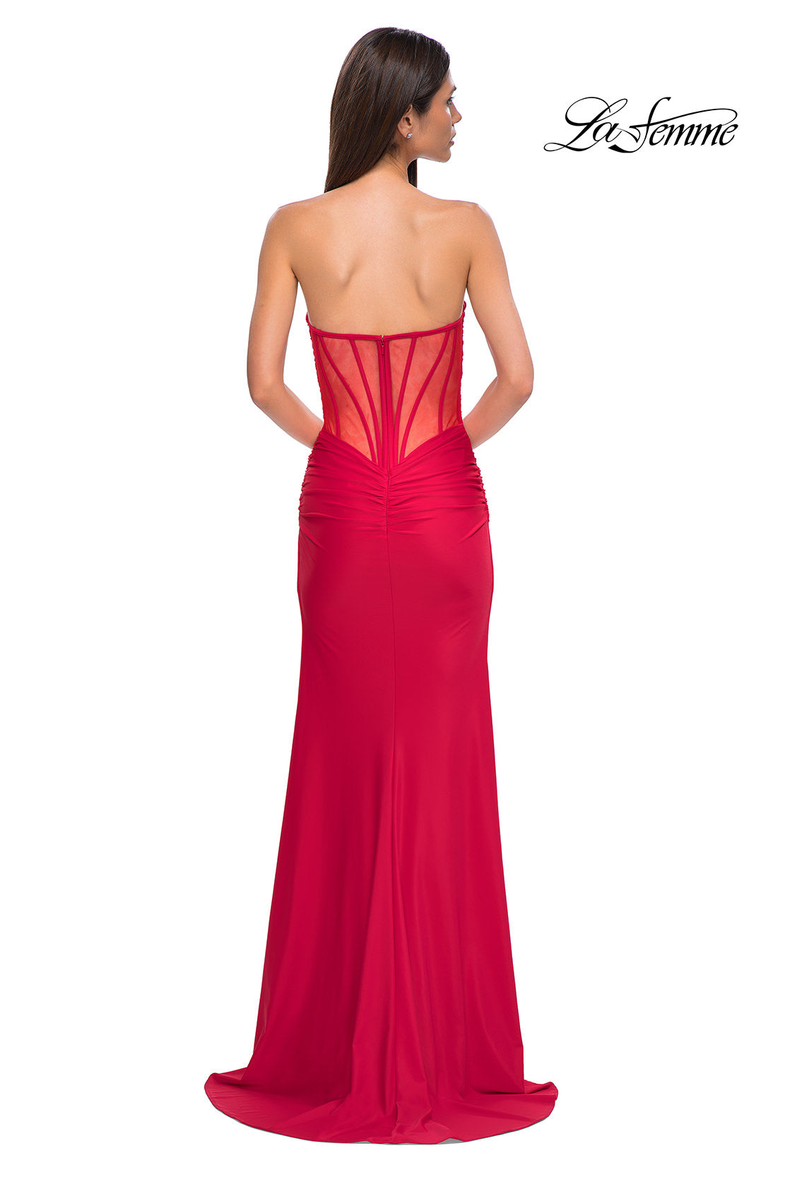 Picture of: Intricately Ruched Strapless Prom Dress with Unique Deep V in Red , Style 32923, Detail Picture 12