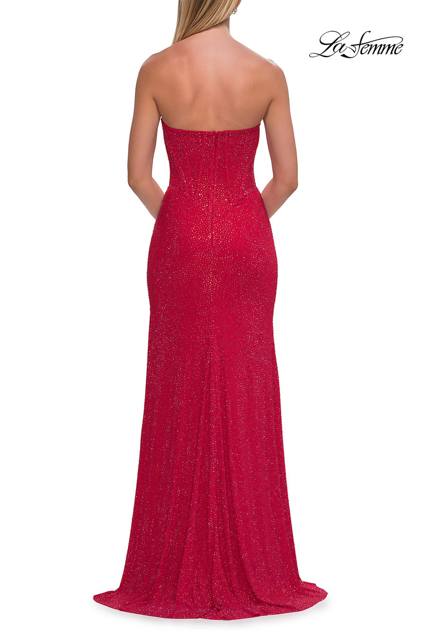 Picture of: Strapless Rhinestone Corset Gown with Sweetheart Neckline and High Slit in Red, Style: 33304, Detail Picture 12