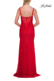Picture of: Lace Fitted Gown with Sheer Corset Back and High Slit in Red, Style: 33305, Detail Picture 12