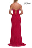 Picture of: Strapless Fitted Rhinestone Gown with Slit and Lace-Up Back in Red, Style: 33383, Detail Picture 12
