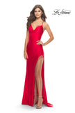 Picture of: Fringe Beaded Slit Jersey Gown with Lace Up Back in Red, Style: 31326, Detail Picture 13