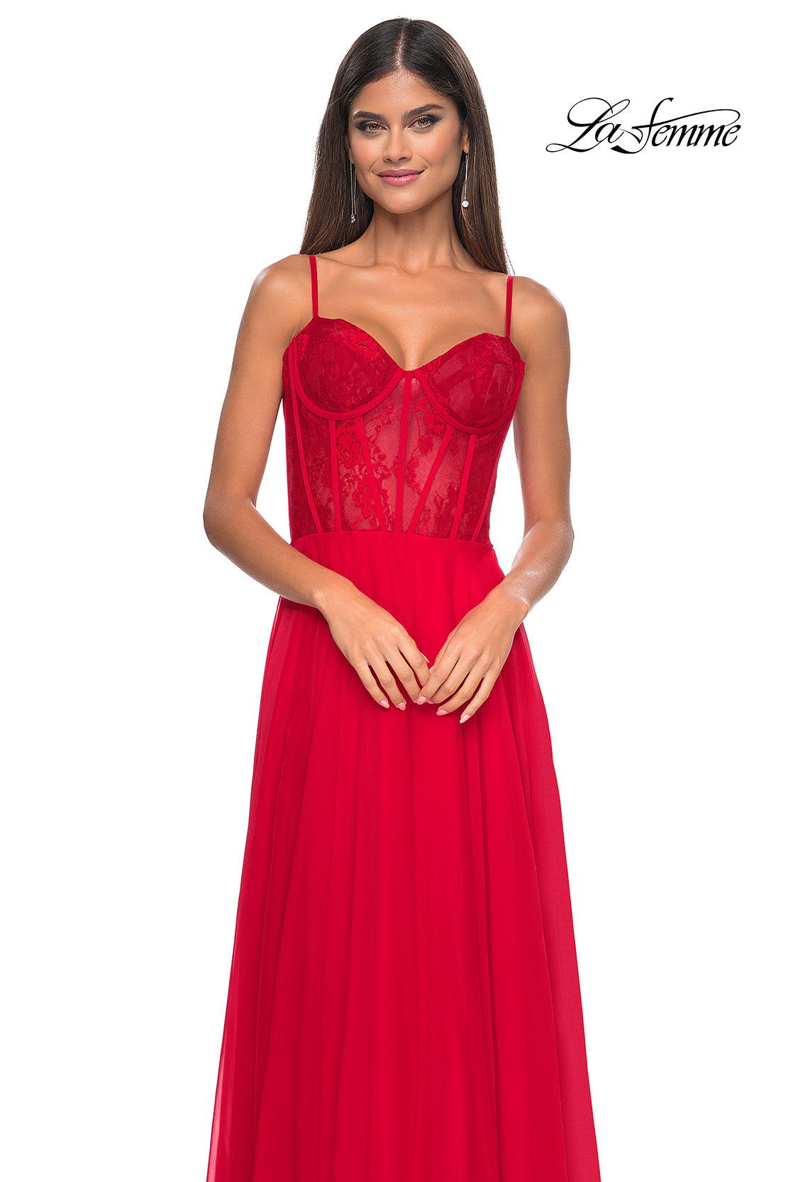 Picture of: Chiffon and Lace Gown with Bustier Top in Red, Style: 32276, Detail Picture 13