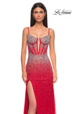 Picture of: Rhinestone Embellished Fitted Prom Dress with Corset and Deep V in Red , Style 32717, Detail Picture 13