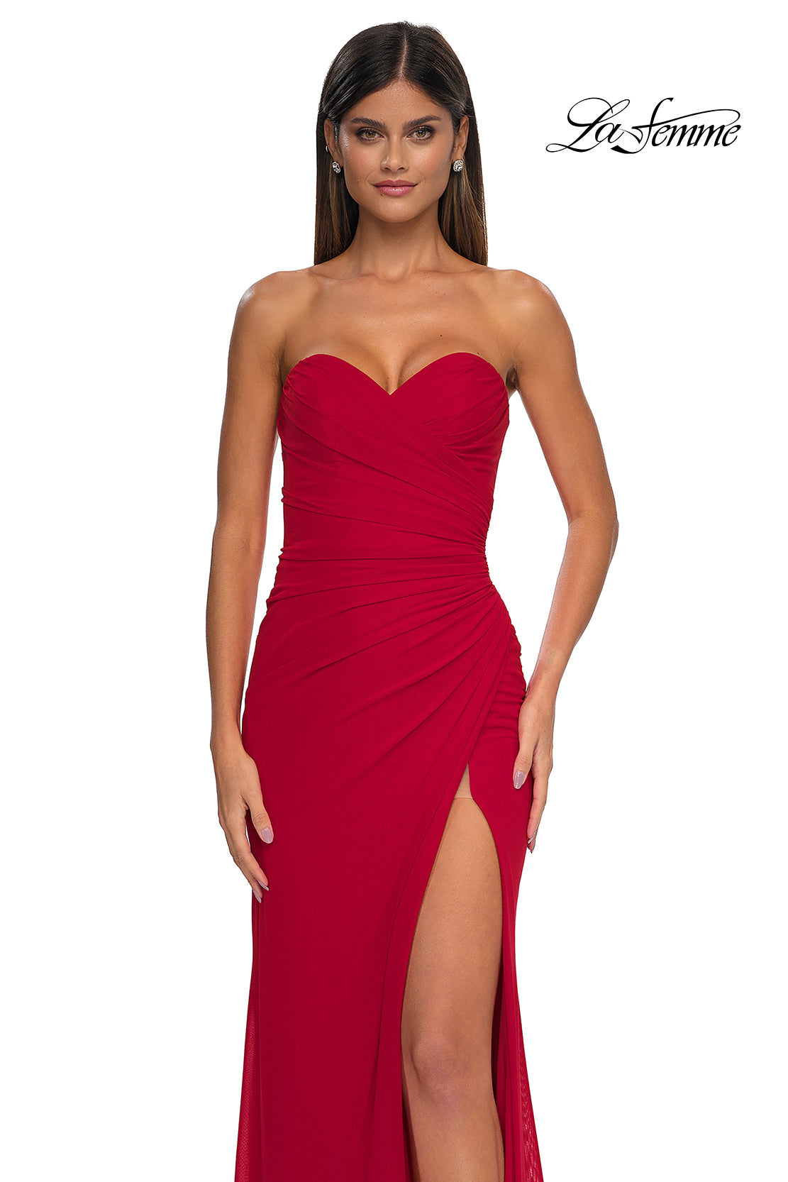 Picture of: Simple Net Prom Dress with High Slit and Flattering Ruching in Red, Style: 33018, Detail Picture 13