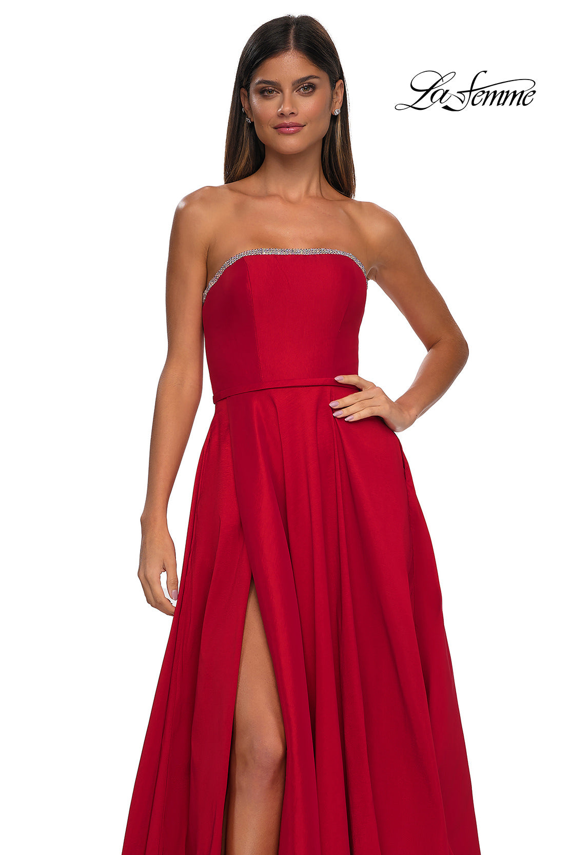 Picture of: A-line Mikado Prom Dress with Rhinestone Neckline in Red, Style: 33063, Detail Picture 13