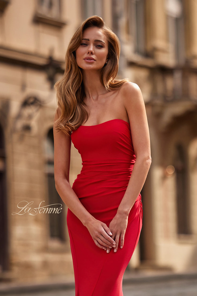Picture of: Strapless Fitted Jersey Evening Gown with Ruching in Red, Style: 33403, Detail Picture 13