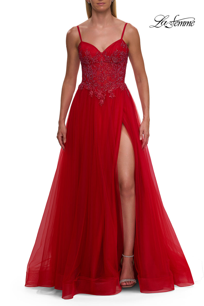 Picture of: Lace Corset Tulle Gown with High Slit and A-Line Skirt in Red, Style: 33436, Detail Picture 13