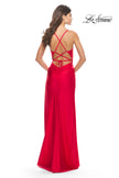 Picture of: Fringe Beaded Slit Jersey Gown with Lace Up Back in Red, Style: 31326, Detail Picture 14