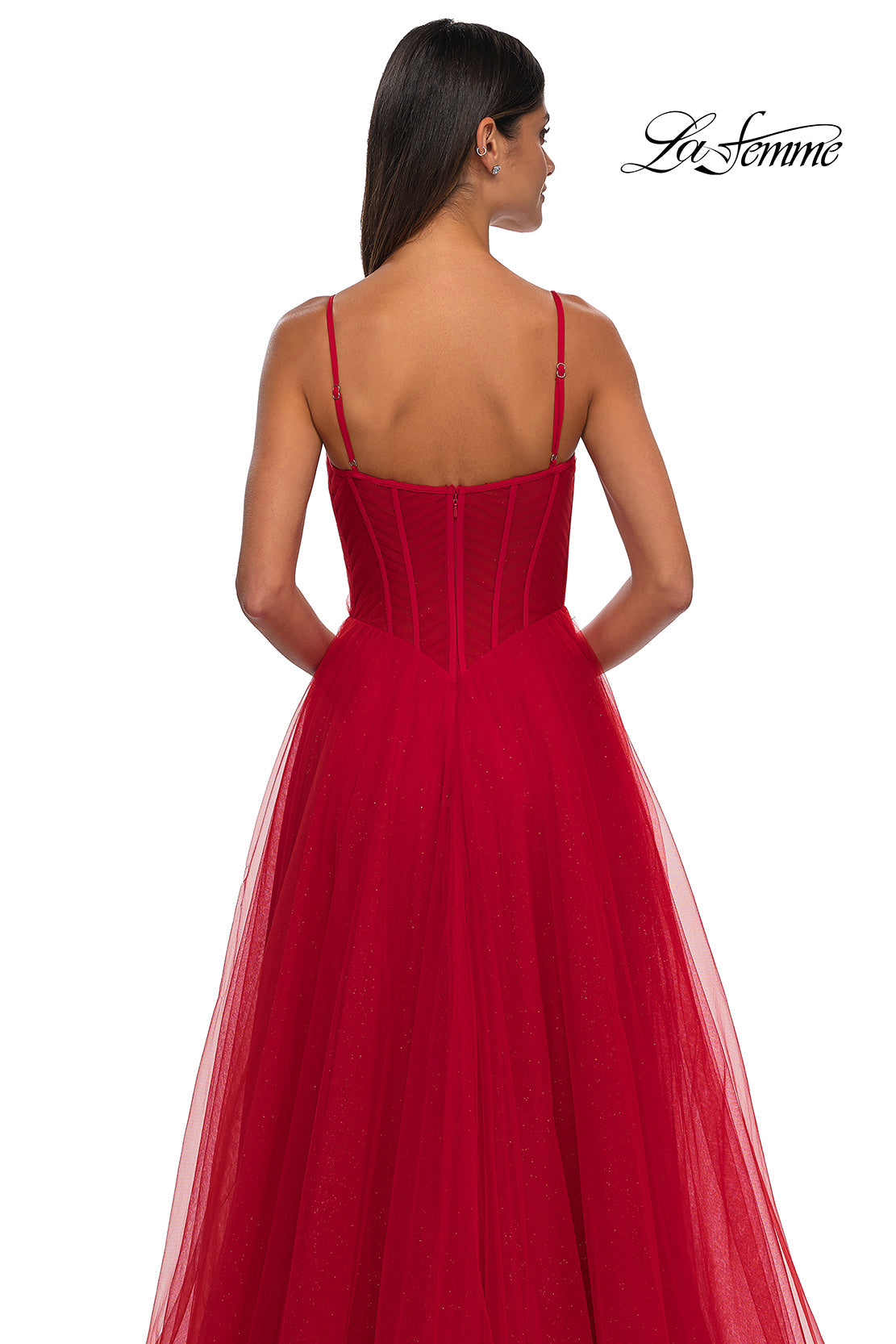 Picture of: Prom Dress with Sparkle Tulle and Ruched Corset Top in Red, Style: 32680, Detail Picture 14