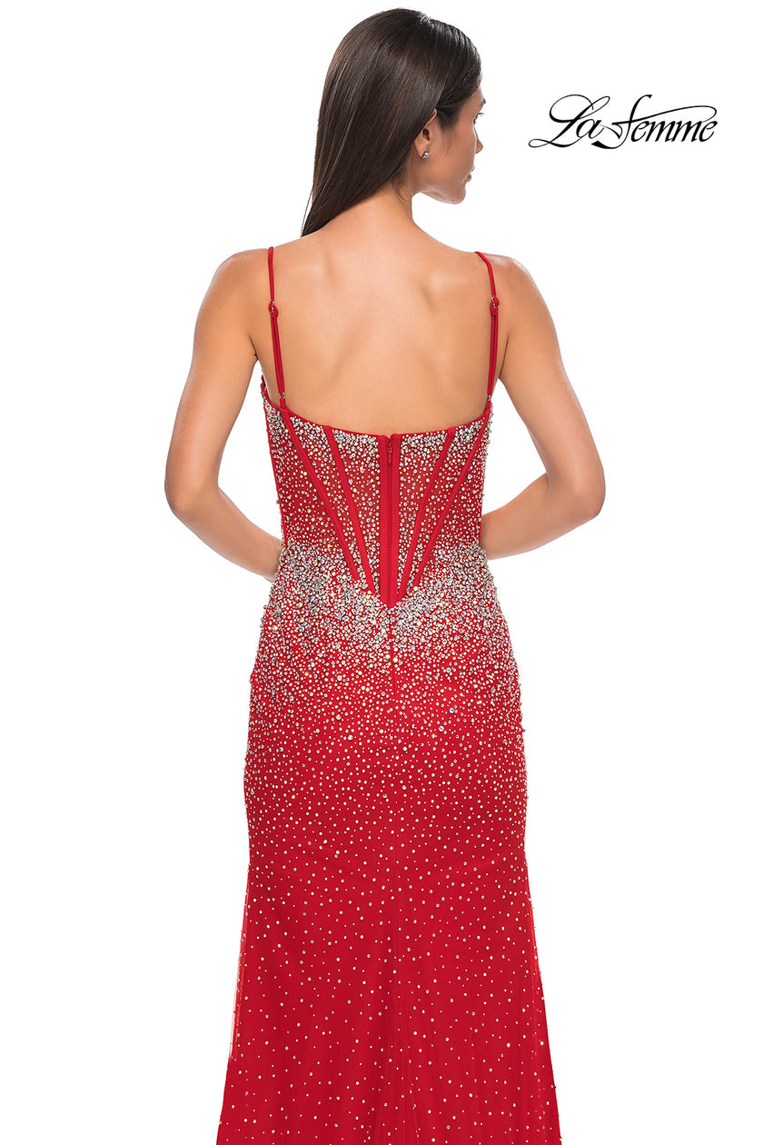Picture of: Rhinestone Embellished Fitted Prom Dress with Corset and Deep V in Red , Style 32717, Detail Picture 14
