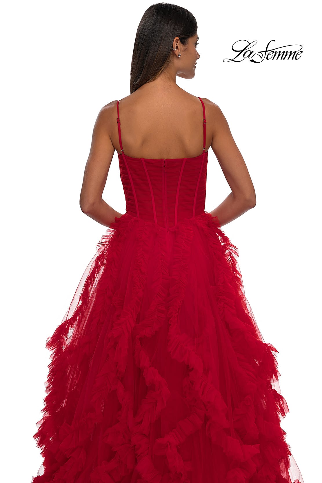 Picture of: Ruffle Tulle Dress with Unique Skirt and Illusion Corset Bodice in Red, Style: 32719, Detail Picture 14
