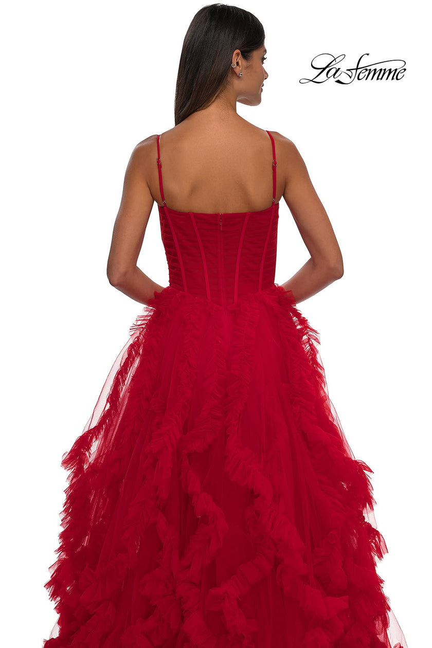 Picture of: Ruffle Tulle Dress with Unique Skirt and Illusion Corset Bodice in Red, Style: 32719, Detail Picture 14