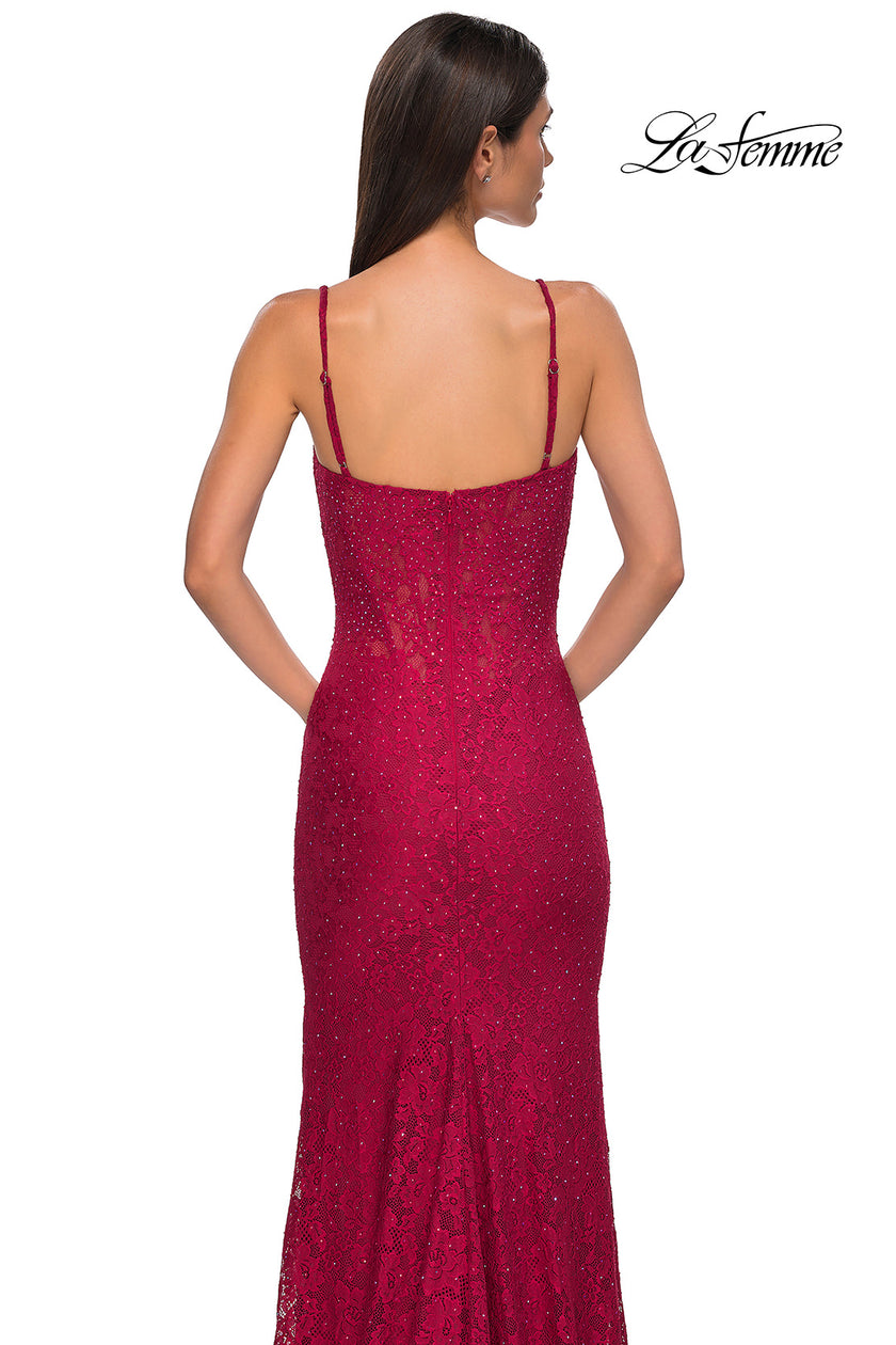 Picture of: Fitted Stretch Lace Dress with Scallop Neckline in Red , Style 32933, Detail Picture 14