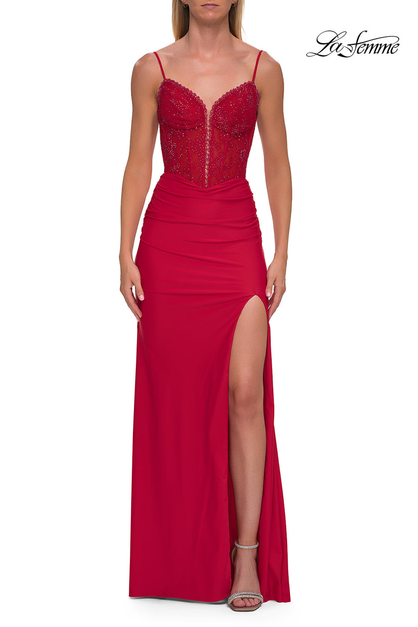 Picture of: Lace Bodice Fitted Gown with Slit and Open Back in Red, Style: 33395, Detail Picture 14