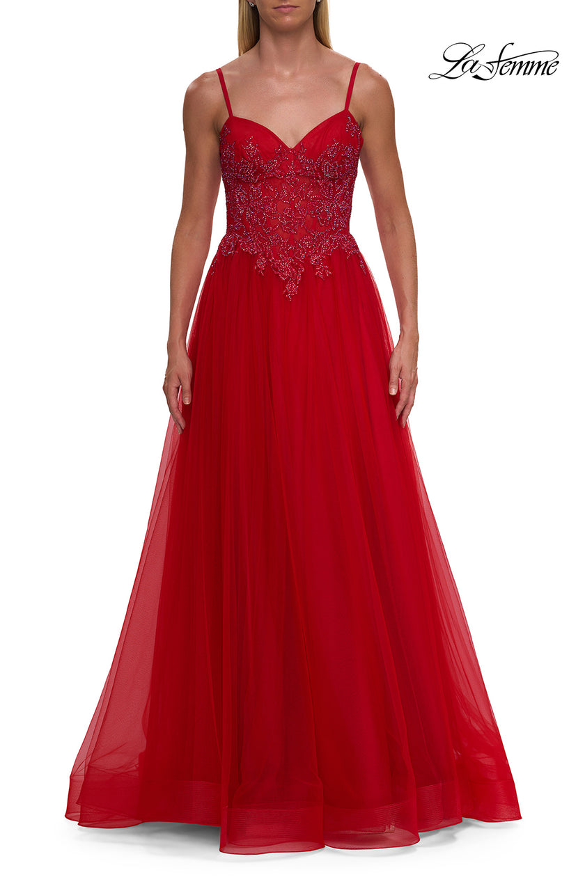 Picture of: Lace Corset Tulle Gown with High Slit and A-Line Skirt in Red, Style: 33436, Detail Picture 14