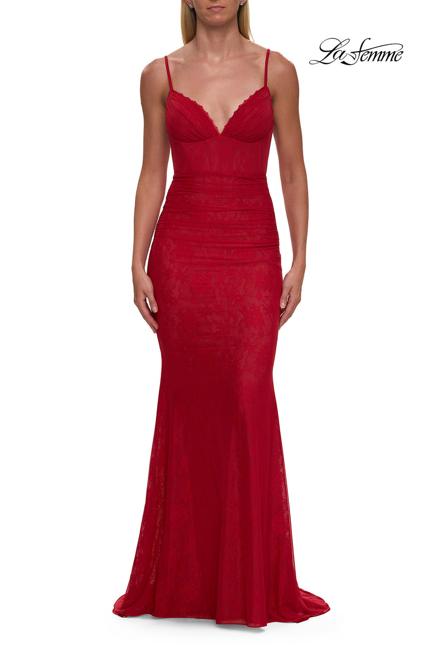 Picture of: Lace Fitted Gown with Ruched Bodice and Sheer Back in Red, Style: 33443, Detail Picture 14