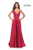 Picture of: Long Satin Dress with Side Slit and V Shaped Back in Red, Style: 28607, Style: 28607
