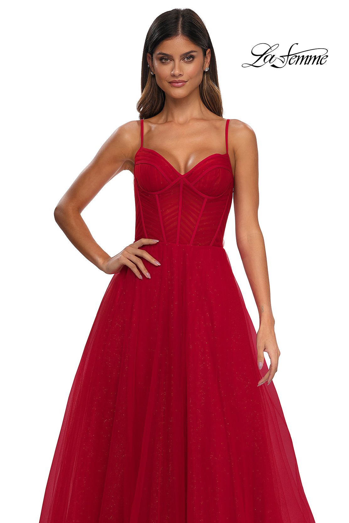 Picture of: Prom Dress with Sparkle Tulle and Ruched Corset Top in Red, Style: 32680, Detail Picture 15