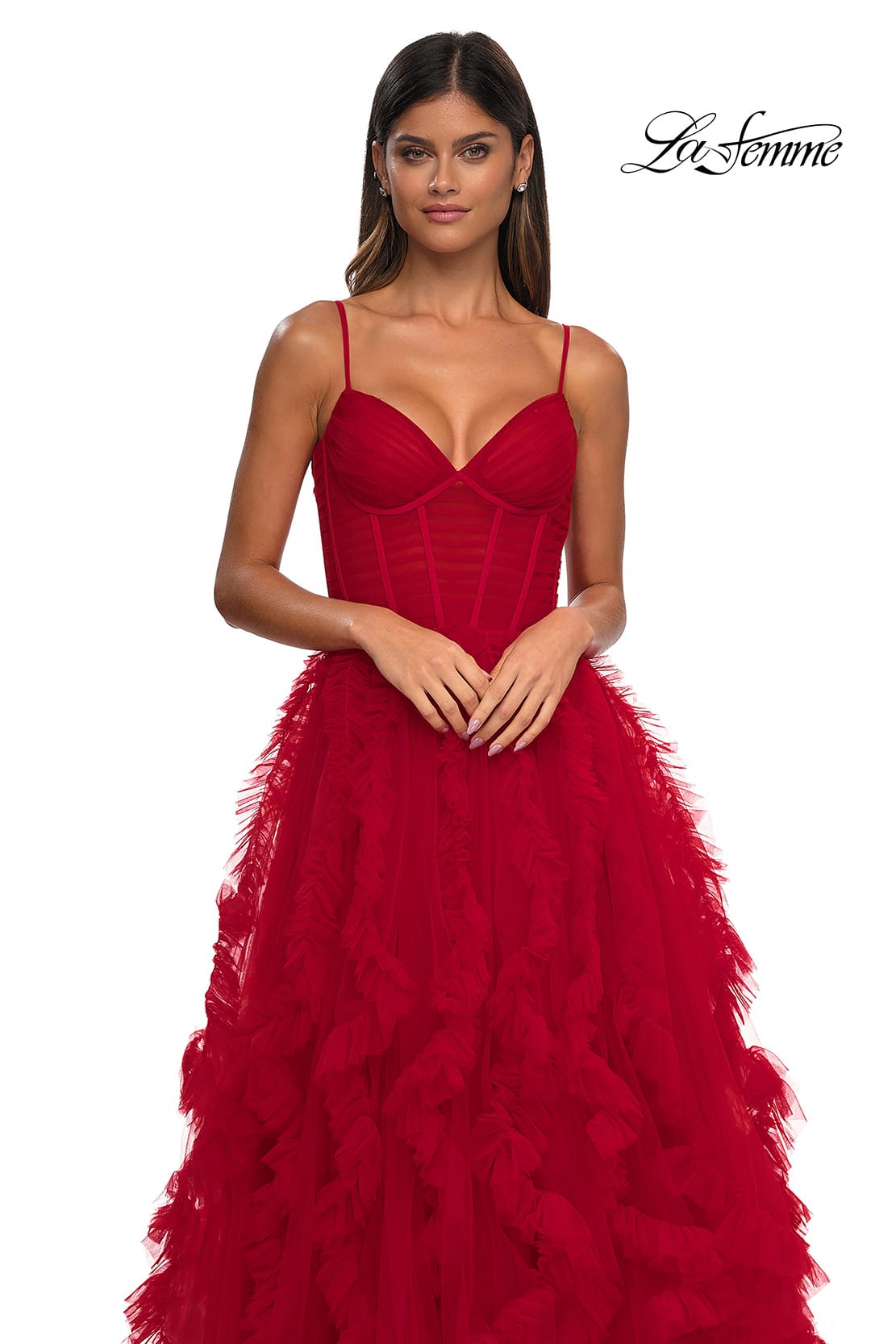 Picture of: Ruffle Tulle Dress with Unique Skirt and Illusion Corset Bodice in Red, Style: 32719, Detail Picture 15