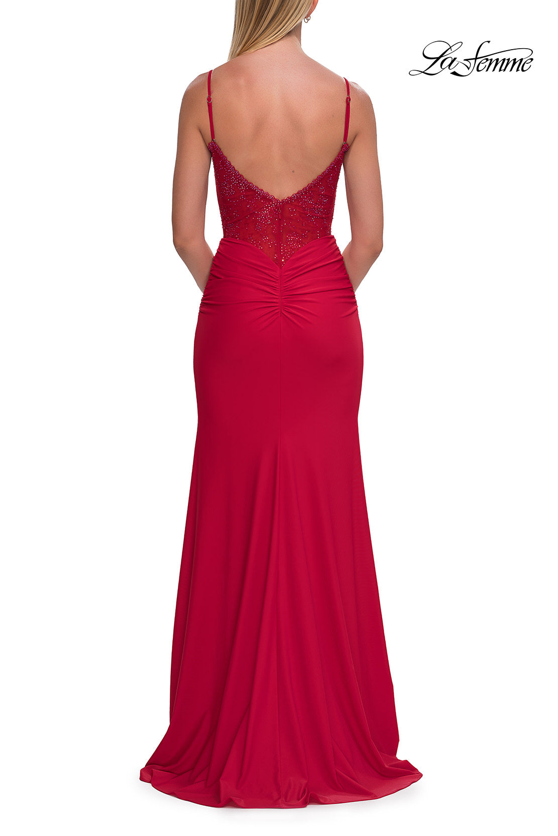 Picture of: Lace Bodice Fitted Gown with Slit and Open Back in Red, Style: 33395, Detail Picture 15