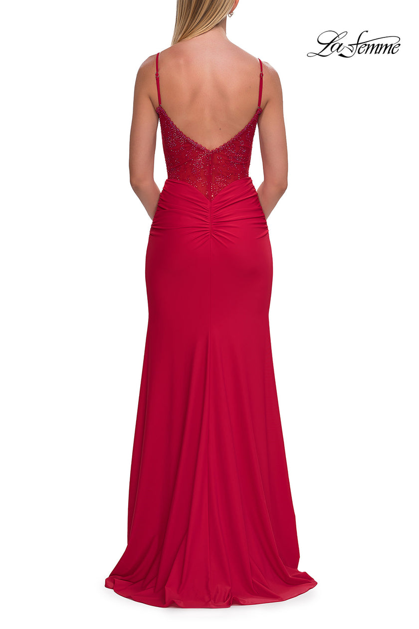 Picture of: Lace Bodice Fitted Gown with Slit and Open Back in Red, Style: 33395, Detail Picture 15