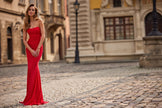 Picture of: Strapless Fitted Jersey Evening Gown with Ruching in Red, Style: 33403, Detail Picture 15, Landscape