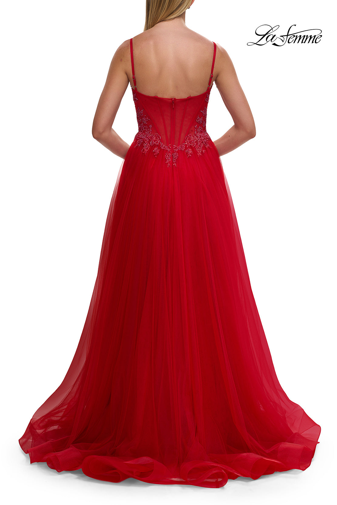 Picture of: Lace Corset Tulle Gown with High Slit and A-Line Skirt in Red, Style: 33436, Detail Picture 15