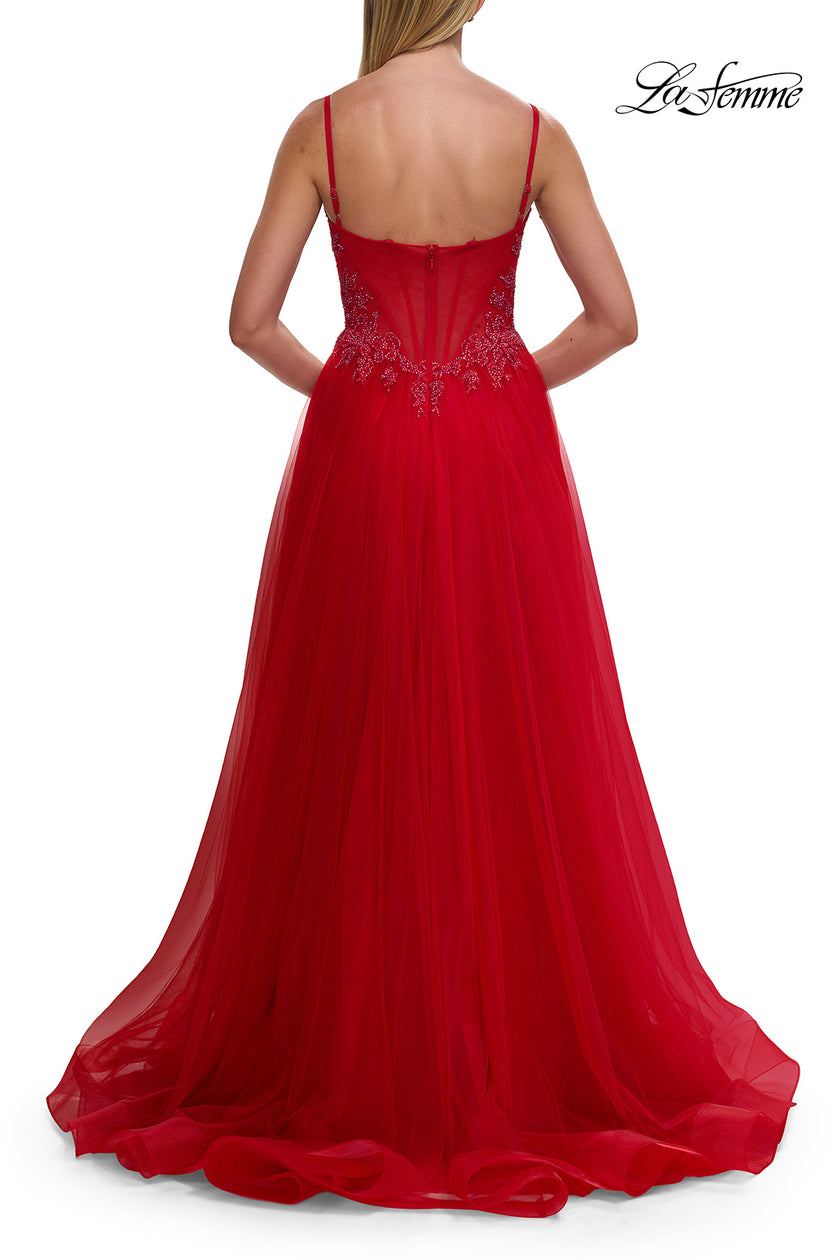 Picture of: Lace Corset Tulle Gown with High Slit and A-Line Skirt in Red, Style: 33436, Detail Picture 15