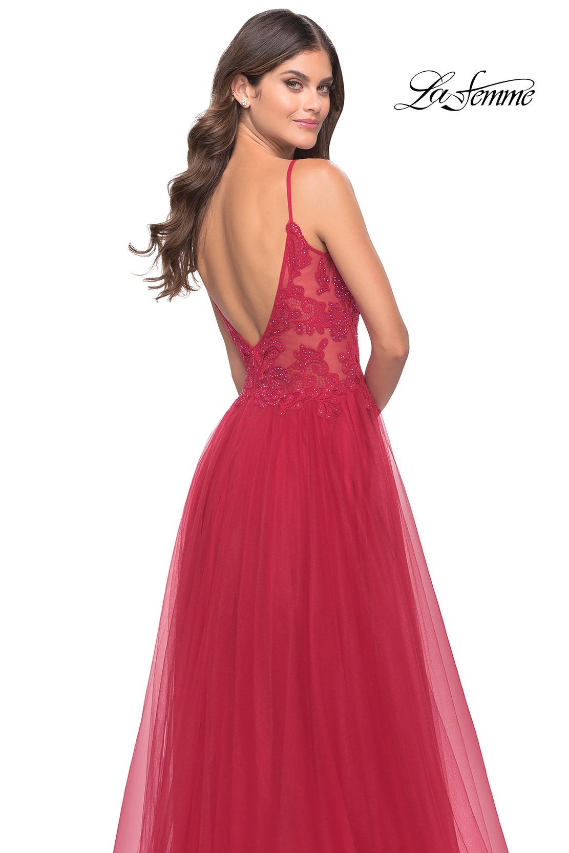 Picture of: A Line Tulle Gown with Lace Bodice and V Back in Red, Style: 31507, Detail Picture 16