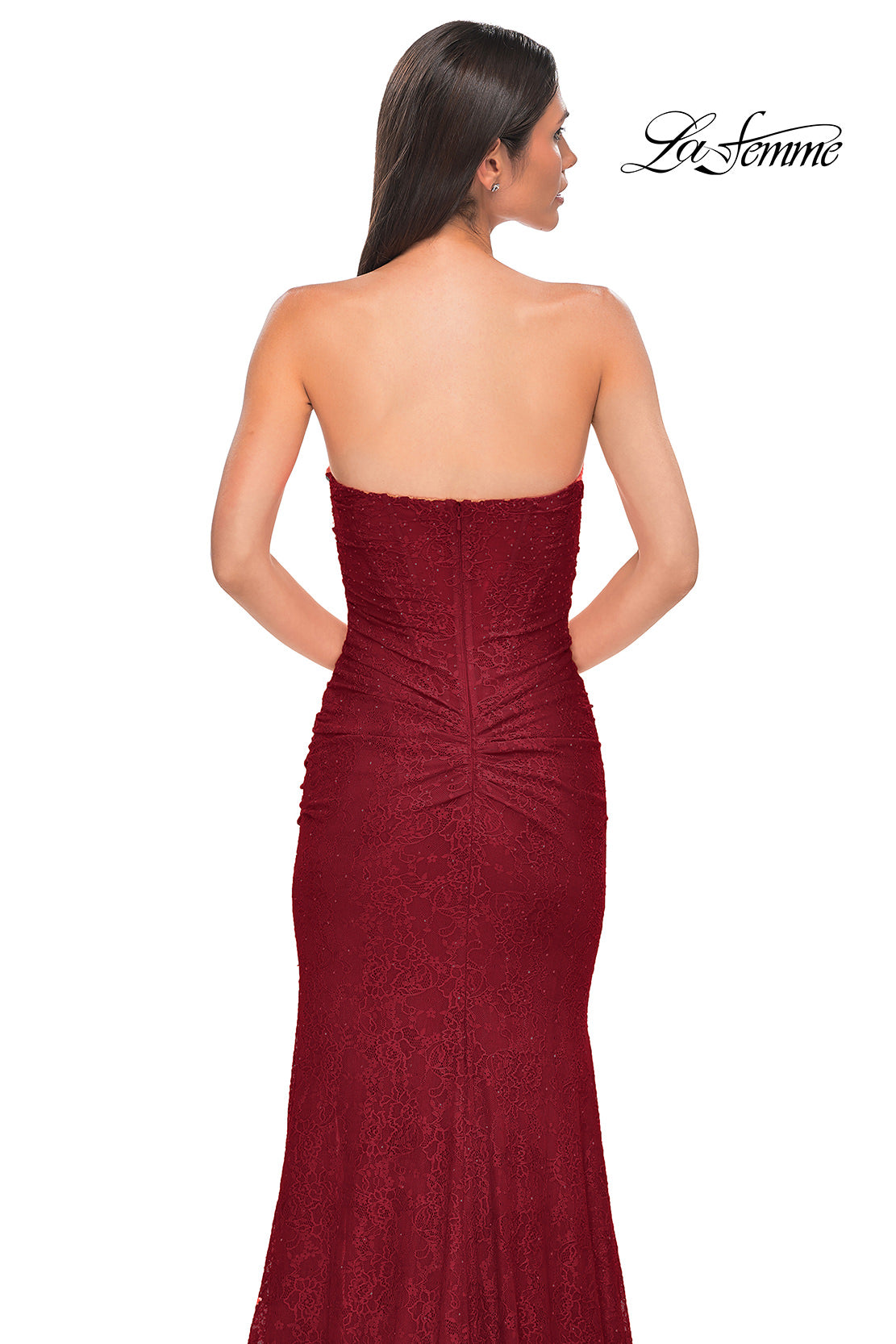 Picture of: Simple Long Stretch Lace Prom Dress with Ruching in Red , Style 32773, Detail Picture 16