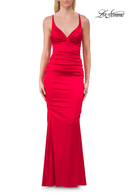 Picture of: Satin Fitted Gown with Strappy Open Back in Red, Style: 33611, Detail Picture 16