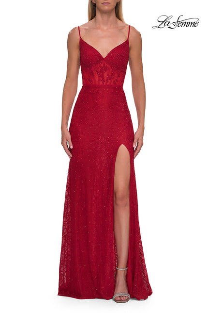Picture of: Rhinestone Lace Gown with Sheer Bodice and Side Slit in Red, Style: 33442, Detail Picture 17