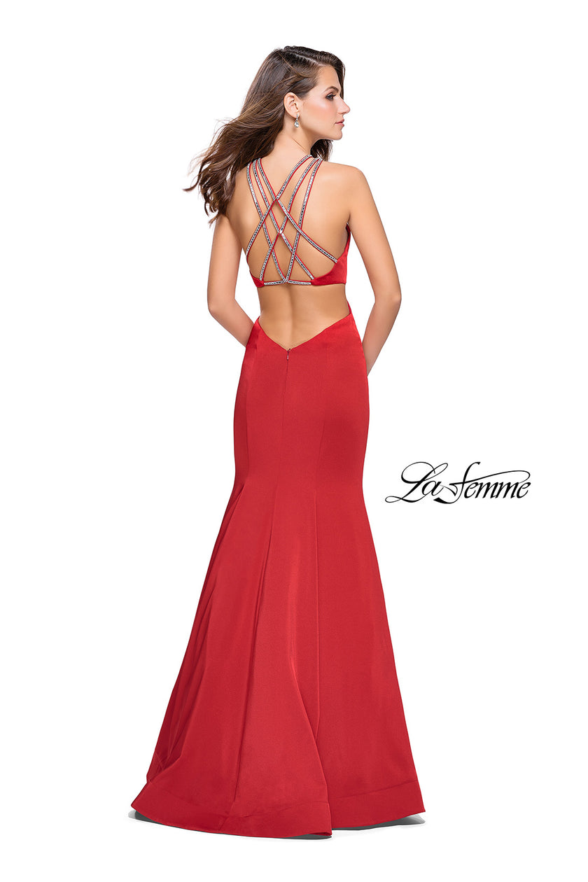 Picture of: Halter Mermaid Prom Dress with Metallic Beading in Red, Style: 25763, Back Picture