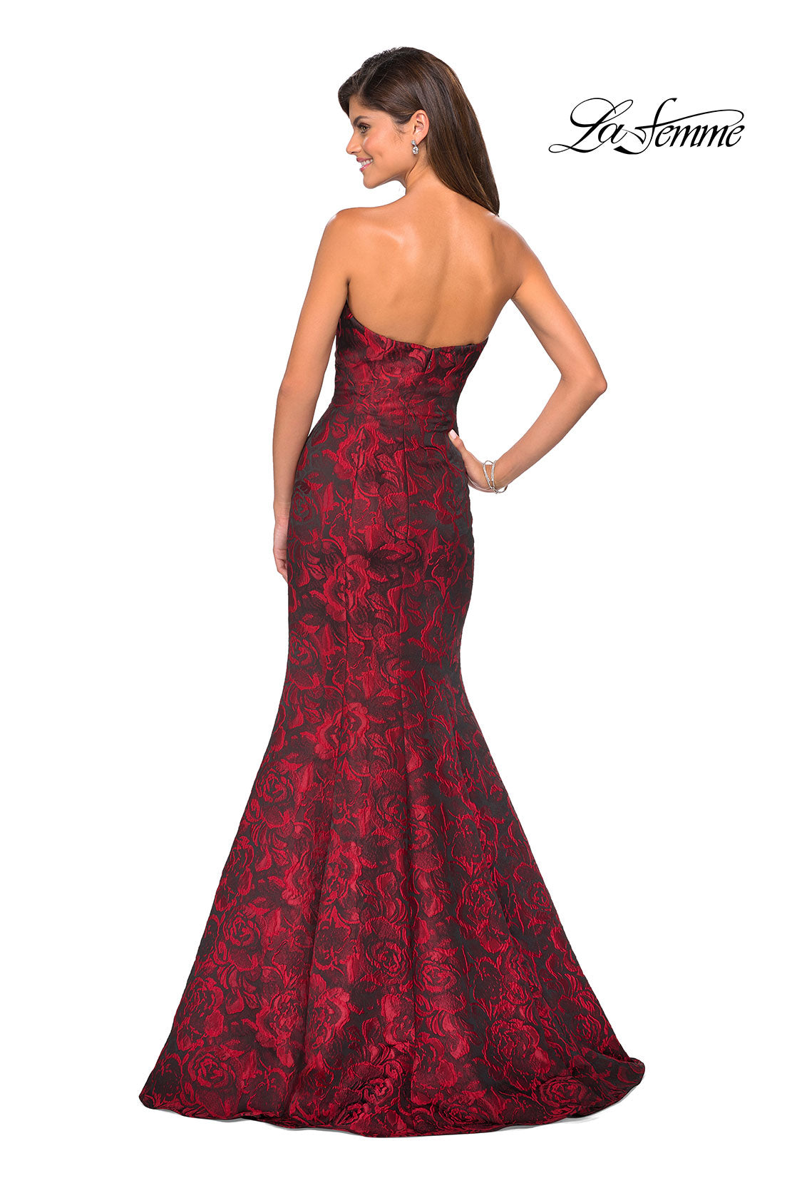 Picture of: Long Floral Jacquard Strapless Prom Dress in Red, Style: 27149, Back Picture