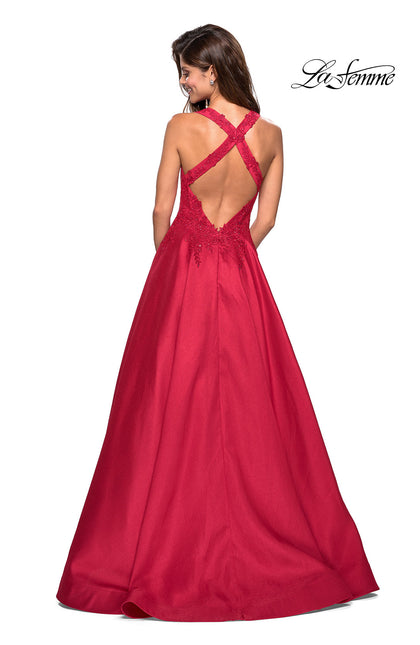 Picture of: Floor Length Mikado Gown with Lace and Rhinestones in Red, Style: 27529, Back Picture