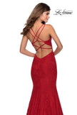 Picture of: Lace Prom Dress with Rhinestones and Strappy Back in Red, Style: 28140, Back Picture