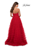 Picture of: Cascading Tulle Strapless Gown with Ruching in Red, Style: 28345, Back Picture