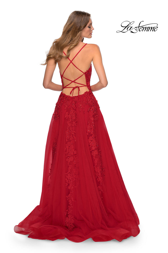 Picture of: A-line Prom Dress with Cascading Lace Detail in Red, Style: 28503, Back Picture