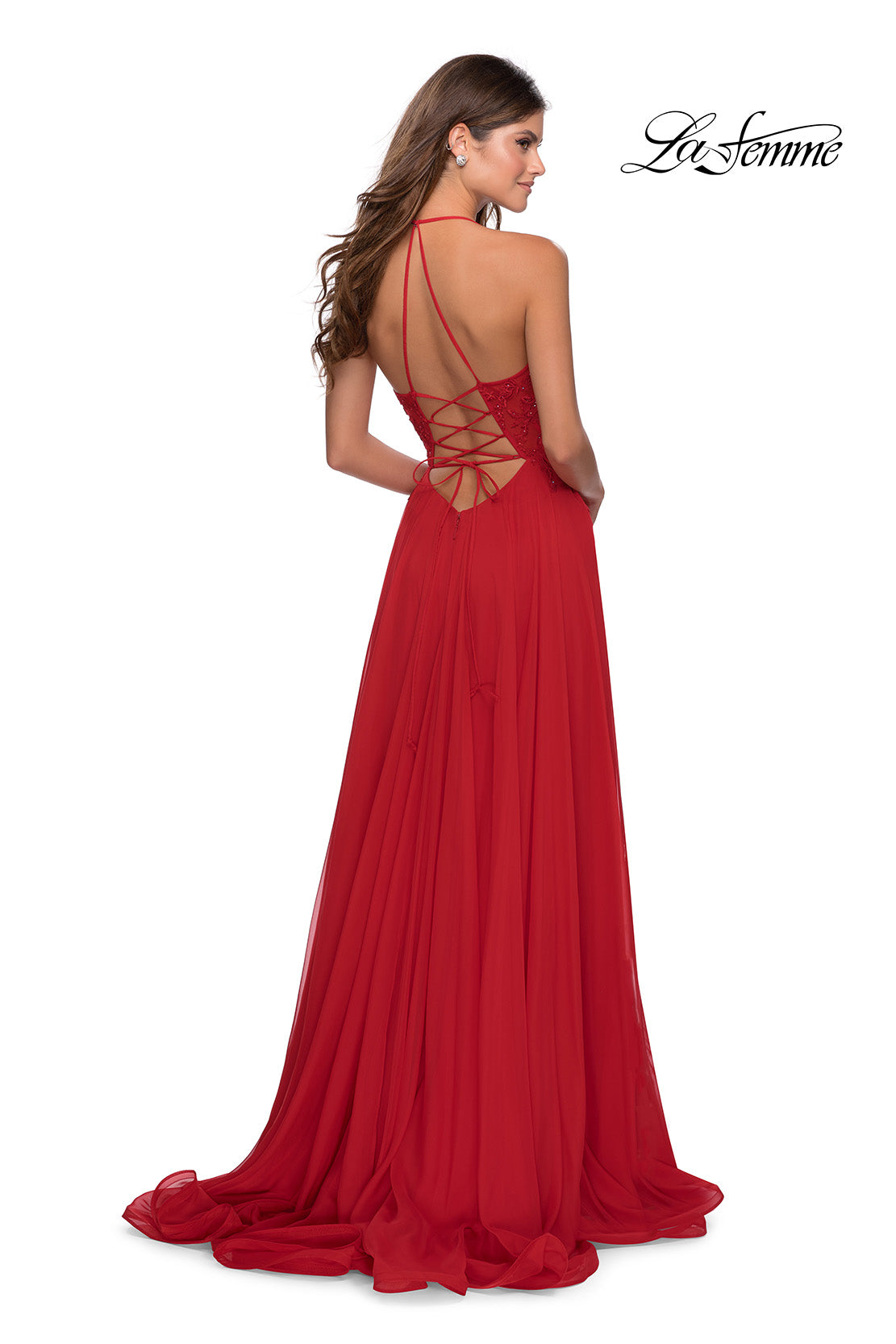 Picture of: A-line Dress with Straight Neckline and Floral Detail in Red, Style: 28600, Back Picture