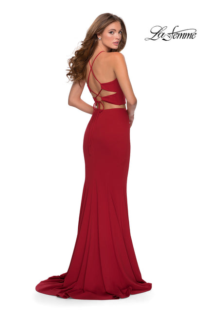Picture of: Sleek Two Piece Pyramid Neckline Prom Dress in Red, Style: 28624, Back Picture