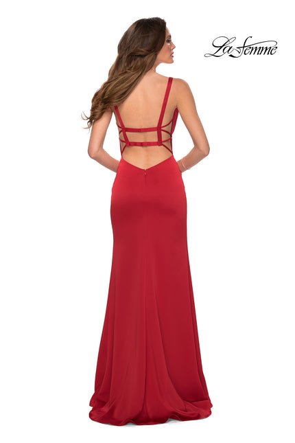 Picture of: Long Satin Prom Dress with Square Neckline in Red, Style 29349, Back Picture
