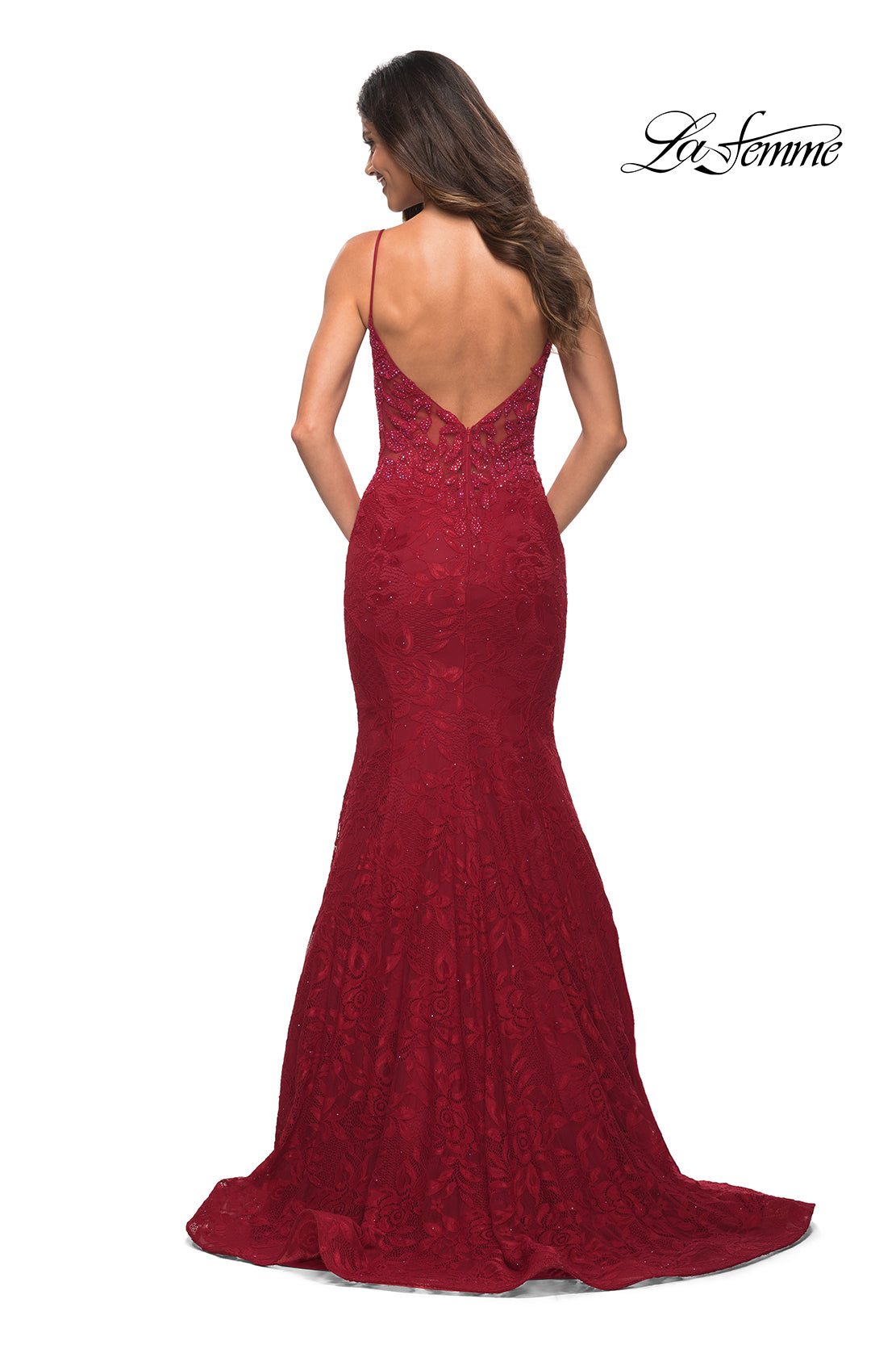 Picture of: Mermaid Lace Prom Dress with Sheer Jeweled Bodice in Red, Back Picture