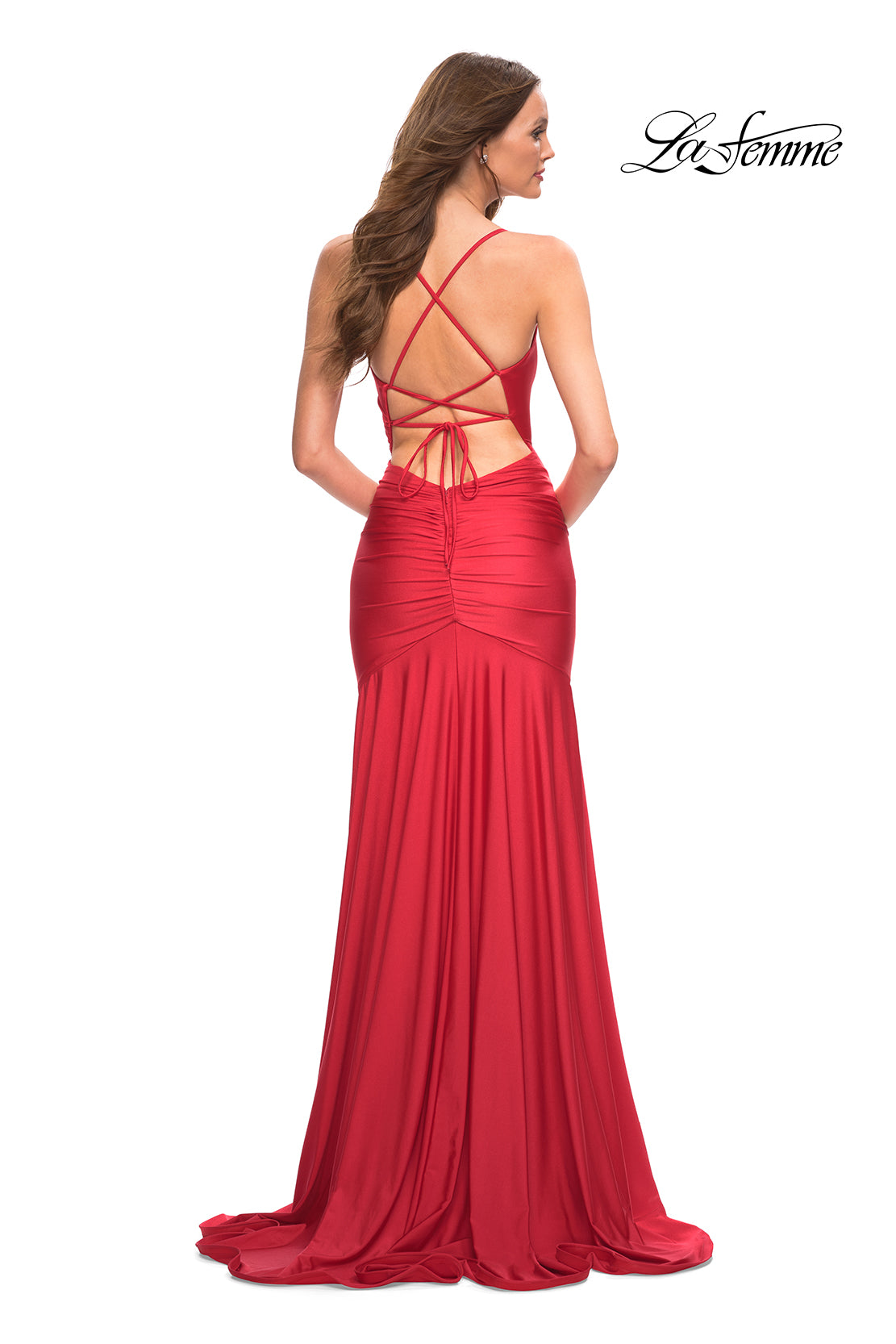 Picture of: Long Jersey Ruched Gown with Dramatic Skirt in Red, Back Picture