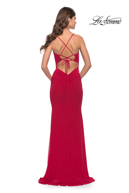 Picture of: Net Jersey Gown with Jeweled Detail in Deep V Neckline in Red, Style: 31114, Back Picture