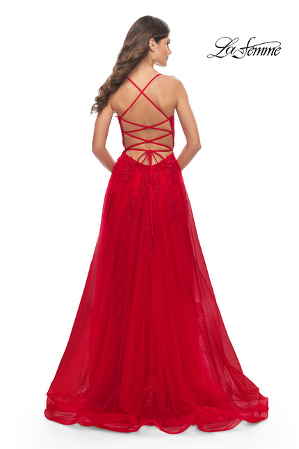 Picture of: A-line Tulle Gown with Floral Embroidery and Pockets in Red, Style: 31135, Back Picture