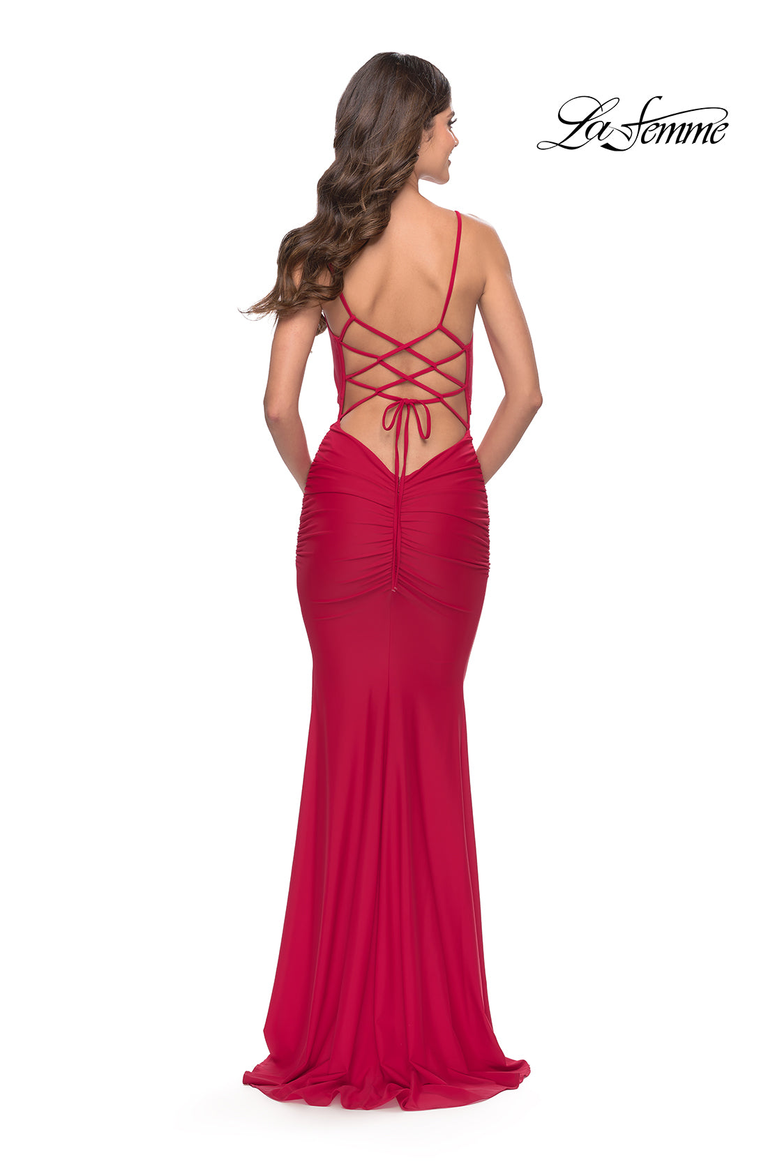 Picture of: Twist Front Cut Out Jersey Prom Dress in Red, Style: 31294, Back Picture