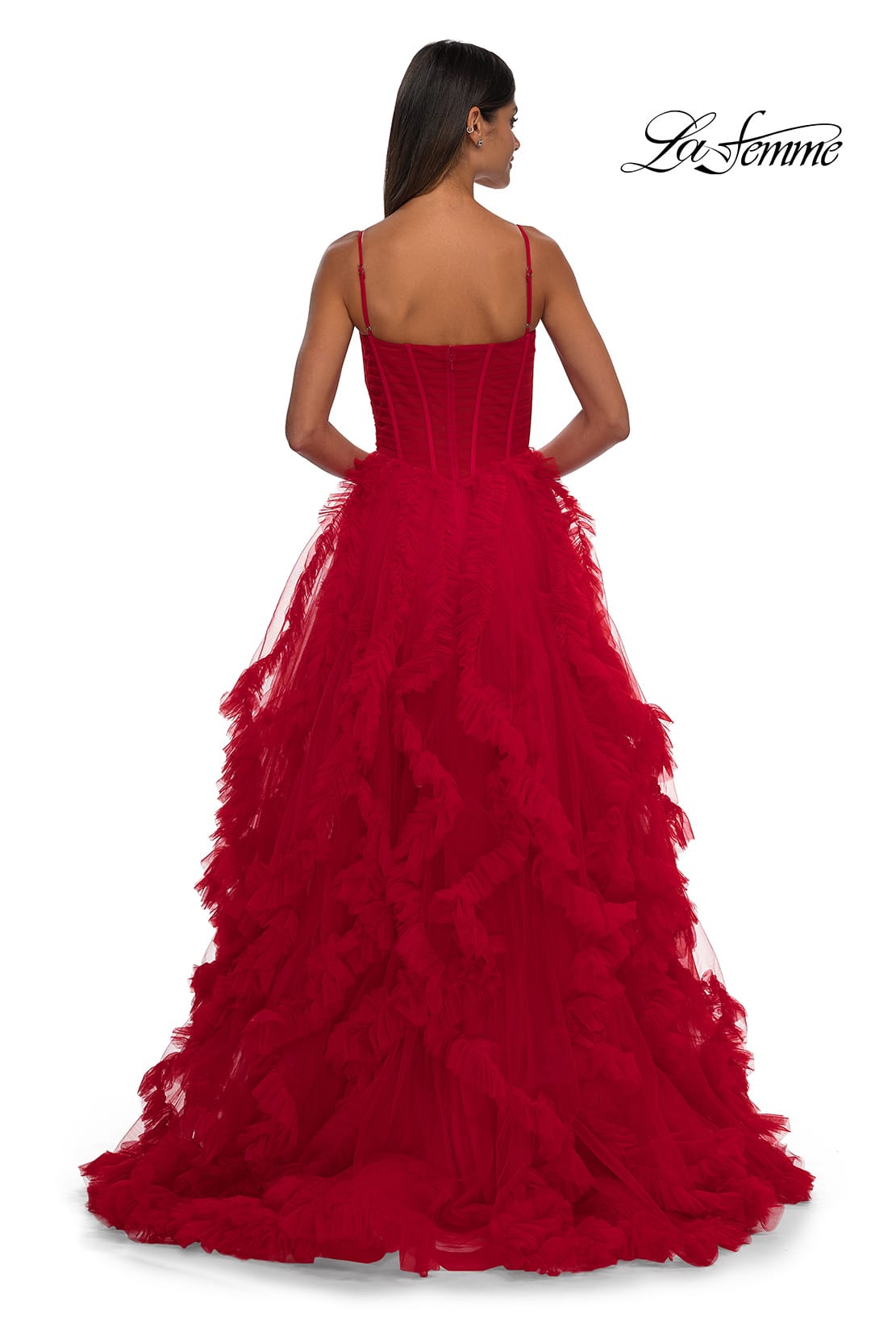 Picture of: Ruffle Tulle Dress with Unique Skirt and Illusion Corset Bodice in Red, Style: 32719, Back Picture