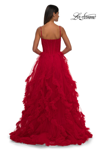 Picture of: Ruffle Tulle Dress with Unique Skirt and Illusion Corset Bodice in Red, Style: 32719, Back Picture