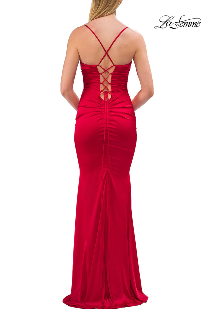 Picture of: Ruched Satin Gown with Sweetheart Neckline and Lace-Up Back in Red, Style: 33764, Detail Picture 20